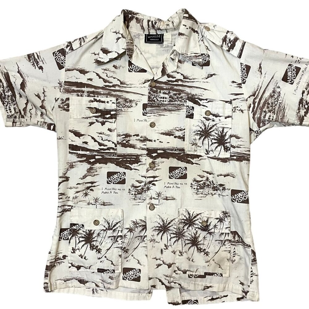Jane M Honolulu Hawaii Vision Island Print Short Sleeve 4 Pocket Hawaiian Shirt